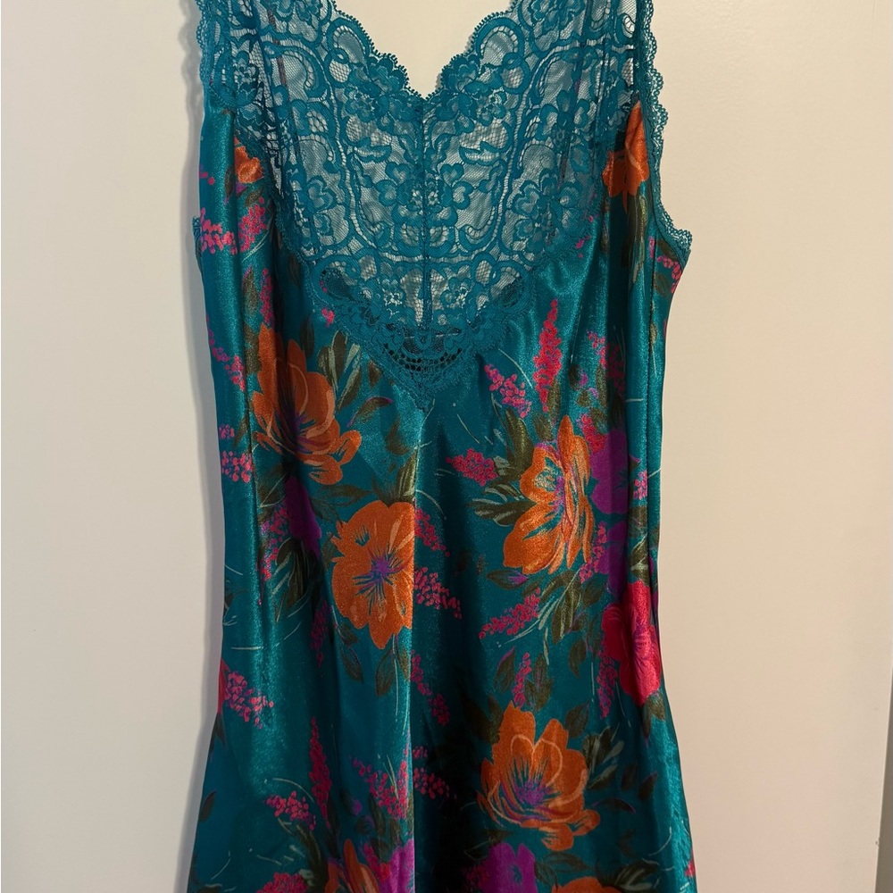 Cacique Teal Slip Dress with Floral Accents